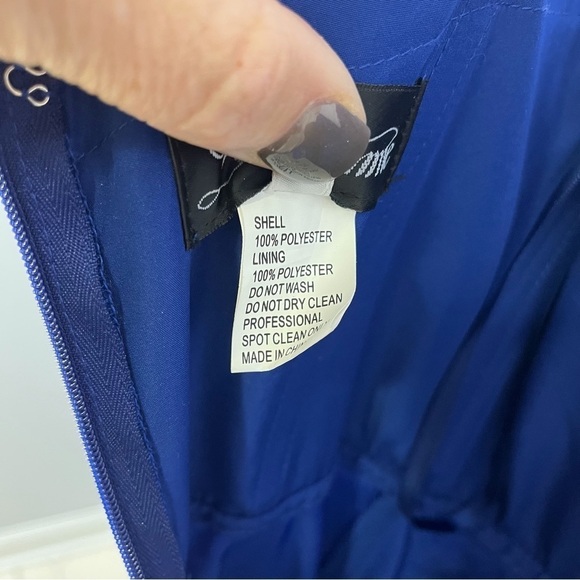 La Femme Pleated Bodice V Neck Chiffon Dress Gown Blue Size 0 Leg Slit Faux Wrap - Picture 9 of 9